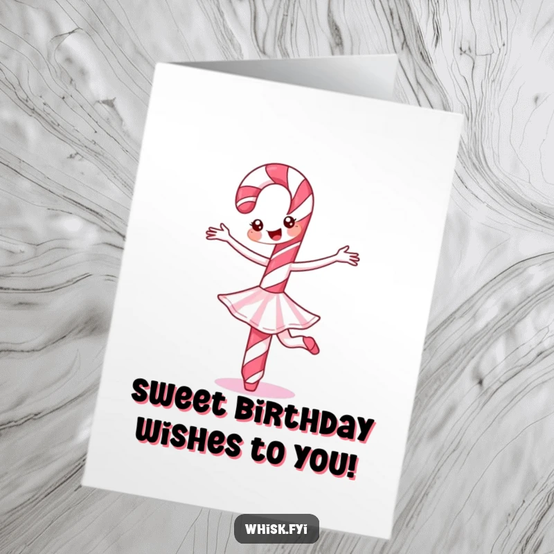 Funny Free Printable Birthday Card: A cheerful candy cane gracefully performs a ballet twirl, celebrating a sweet occasion.