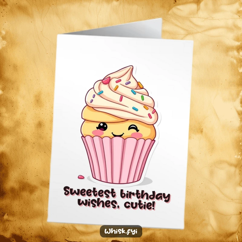 Funny Free Printable Birthday Card: Smiling cupcake humorously decorating itself with frosting and sprinkles, ready for a birthday bash.