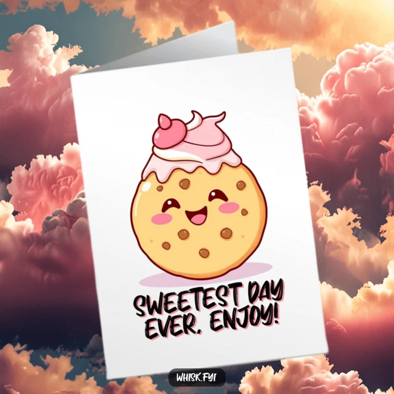 Funny Free Printable Birthday Card: A kawaii cookie gleefully applies icing to itself with a flourish, celebrating a sweet, self-made occasion, ready to print.