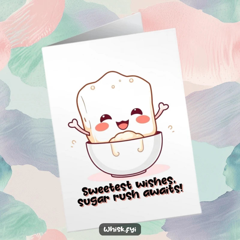 Funny free printable birthday card featuring a smiling sugar cube character gleefully pouring sugar into a bowl, ready for fun.
