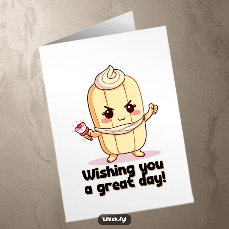 Funny Free Printable Birthday Card: A determined baguette character bravely pipes frosting onto a cake.
