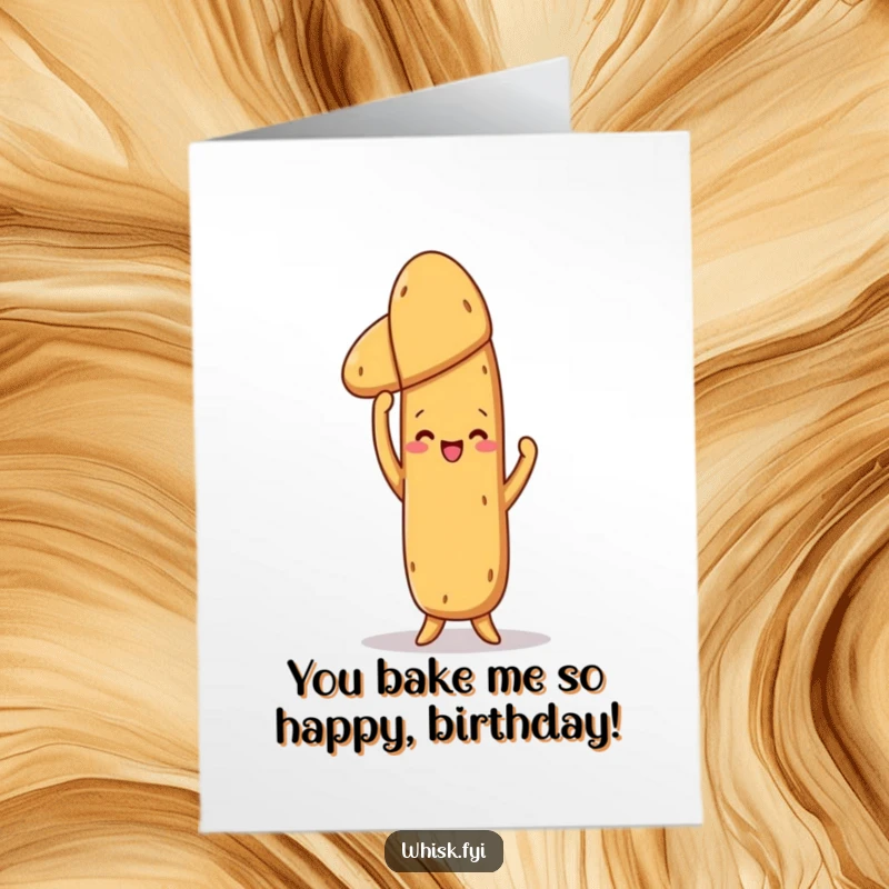 Funny Free Printable Birthday Card: A proud baguette triumphantly holding up a perfectly baked loaf, celebrating a special day. Downloadable gift.