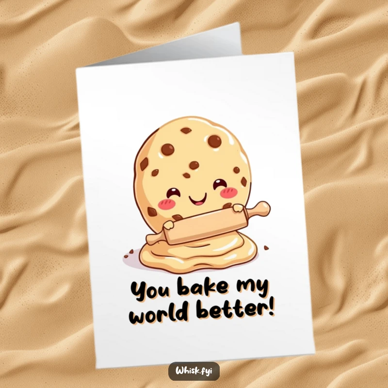 Funny Free Printable Birthday Card featuring a happy cookie rolling dough with a tiny rolling pin, ready to bake a wish.