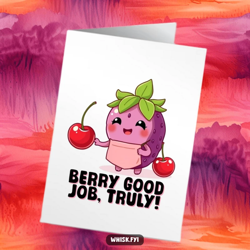 Funny Free Printable Congrats Card: A happy berry chef carefully finishes a dessert, celebrating your accomplishment.