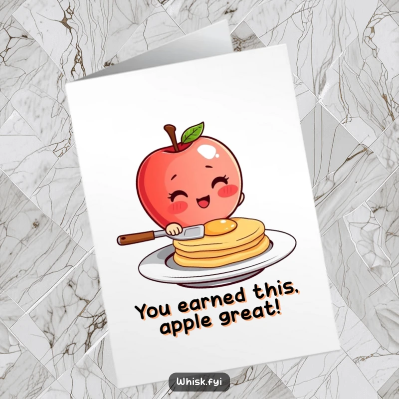 Funny Free Printable Congrats Card: Blushing red apple character flipping a pancake with flair, celebrating success.