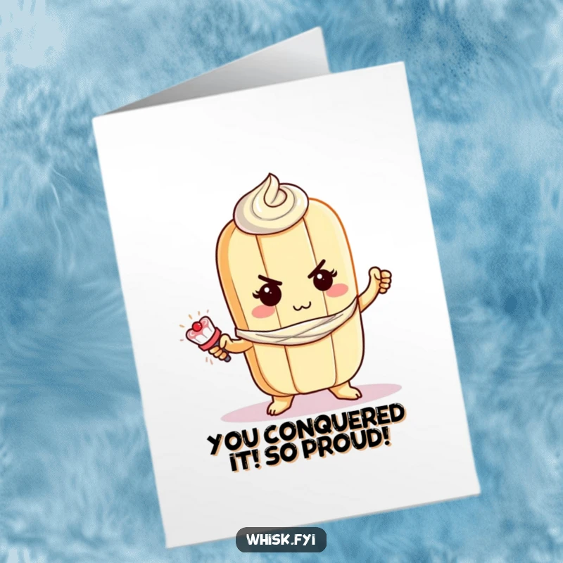 Funny Free Printable Congratulations Card: A determined baguette character expertly pipes frosting, celebrating a sweet victory.