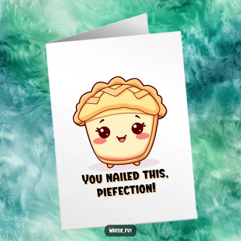 Funny Free Printable Congrats card with a cheerful Kawaii pie character featuring a lattice top, exuding joyous celebration.