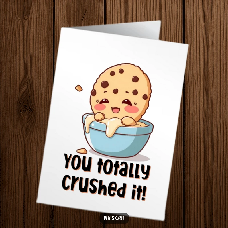 Funny free printable congratulations card with a giggling cookie crumbling slightly during a dunk, celebrating success.