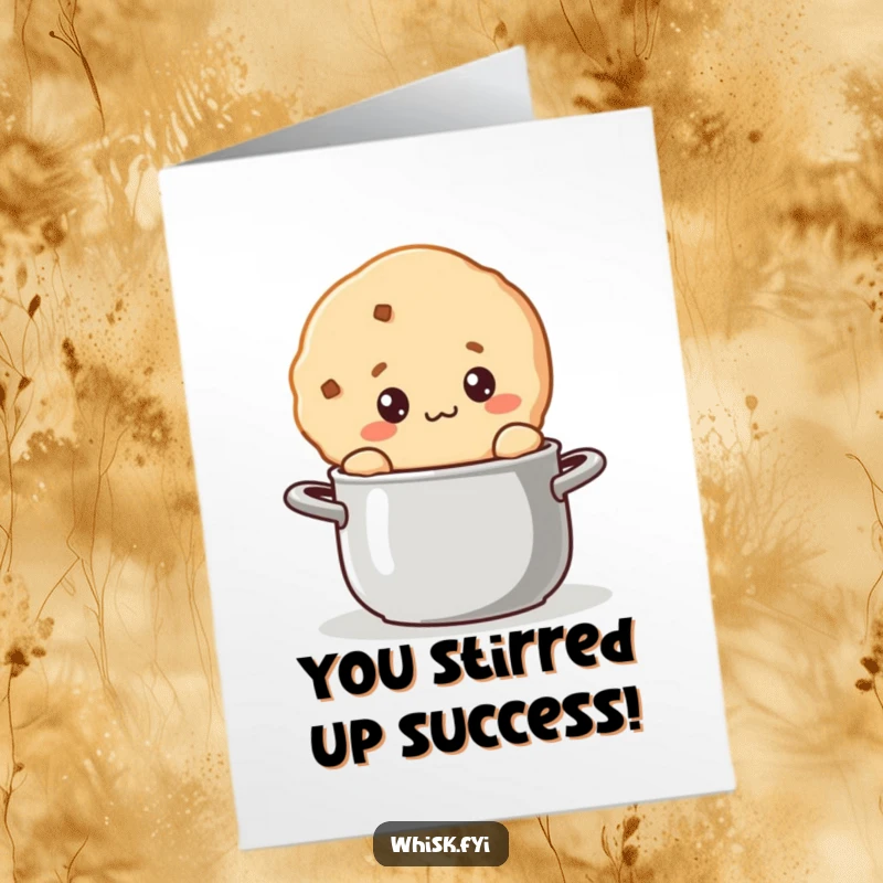 Funny Free Printable Congratulations Card: A cute cookie with an inquisitive look stirs a pot, symbolizing the exciting possibilities ahead.