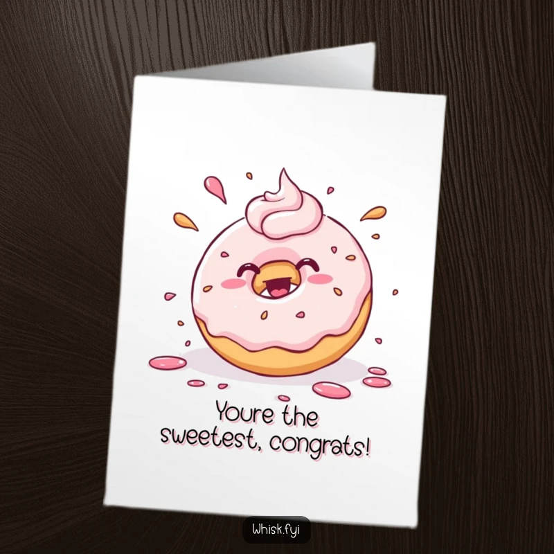 Funny Free Printable Congrats Card: Kawaii donut joyfully splattering frosting with playful abandon, celebrating sweetness.