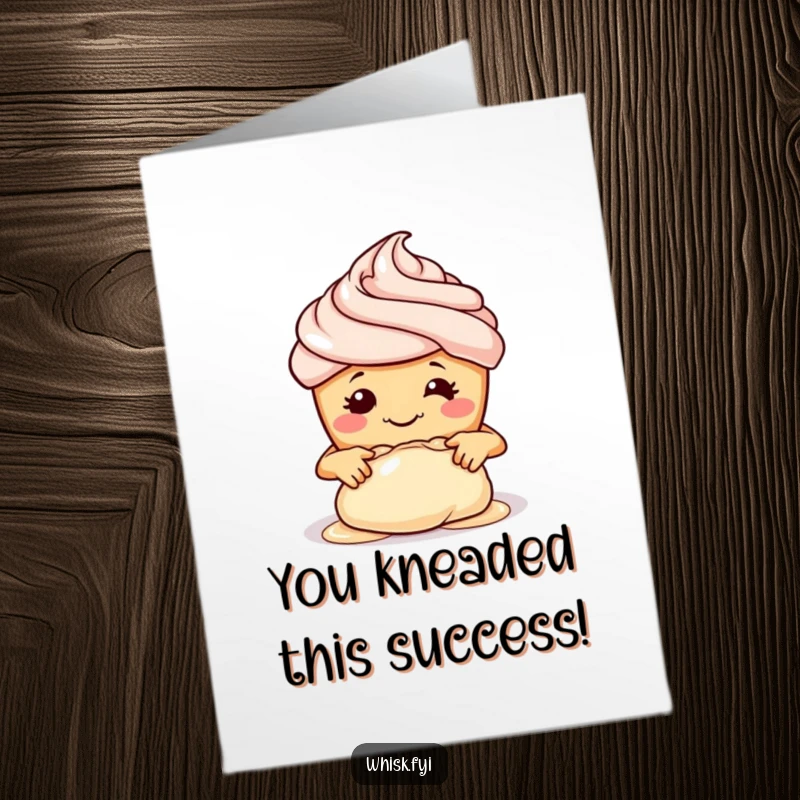 Funny Free Printable Congrats Card: Smiling cupcake adorably kneading dough with tiny hands, celebrating your success.