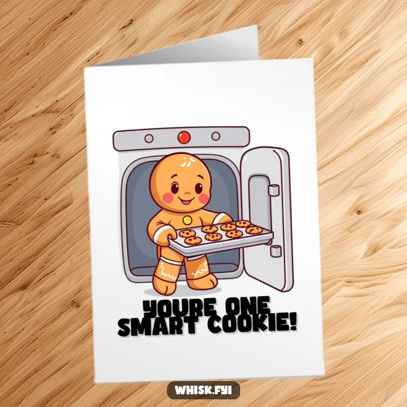 Funny free printable congratulations card of a playful gingerbread man character skillfully removing a perfectly baked tray of cookies.
