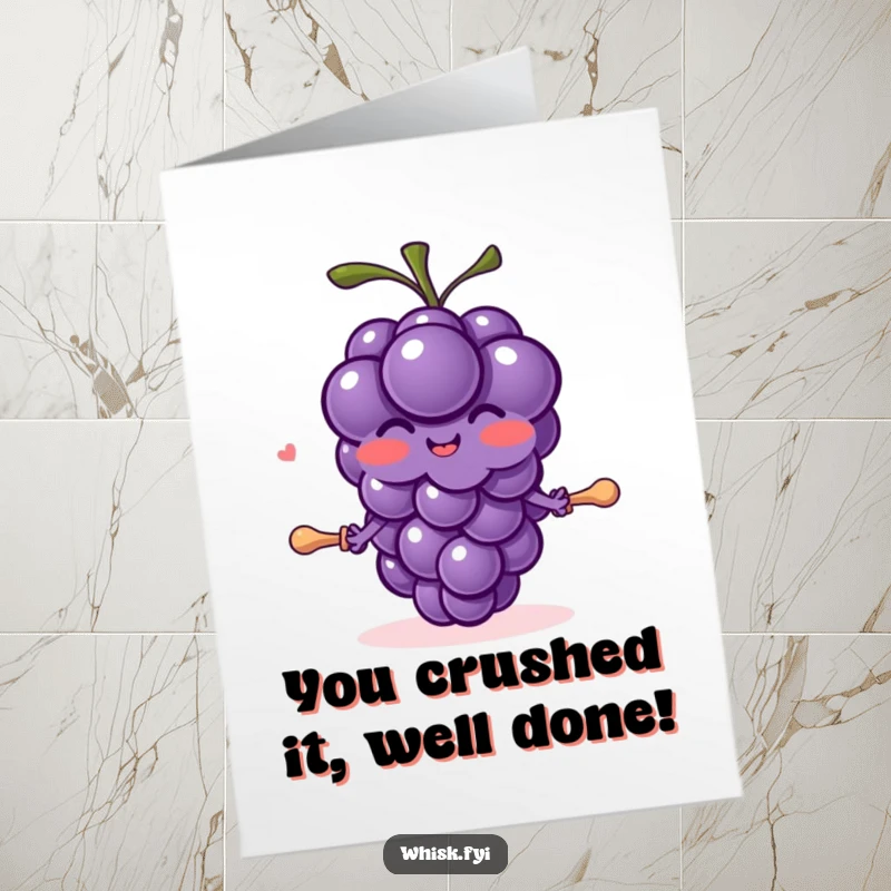 Funny Free Printable Congratulations Card: A blushing purple grape character joyfully rolls out dough with a small pin, celebrating success.