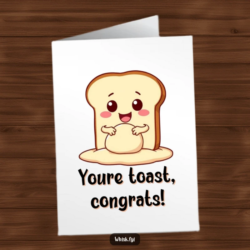 Funny Free Printable Congrats Card: Kawaii bread slice enthusiastically kneading dough with a wide smile, congratulating bakers.