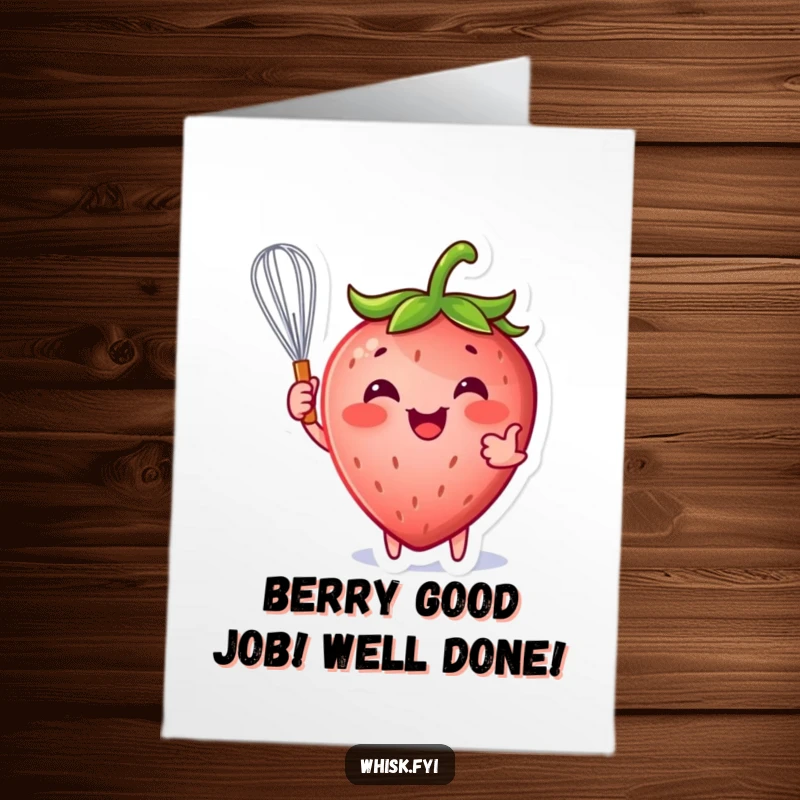 Funny Free Printable Congratulations Card: A happy strawberry character brandishes a whisk, ready to mix up some cheers.