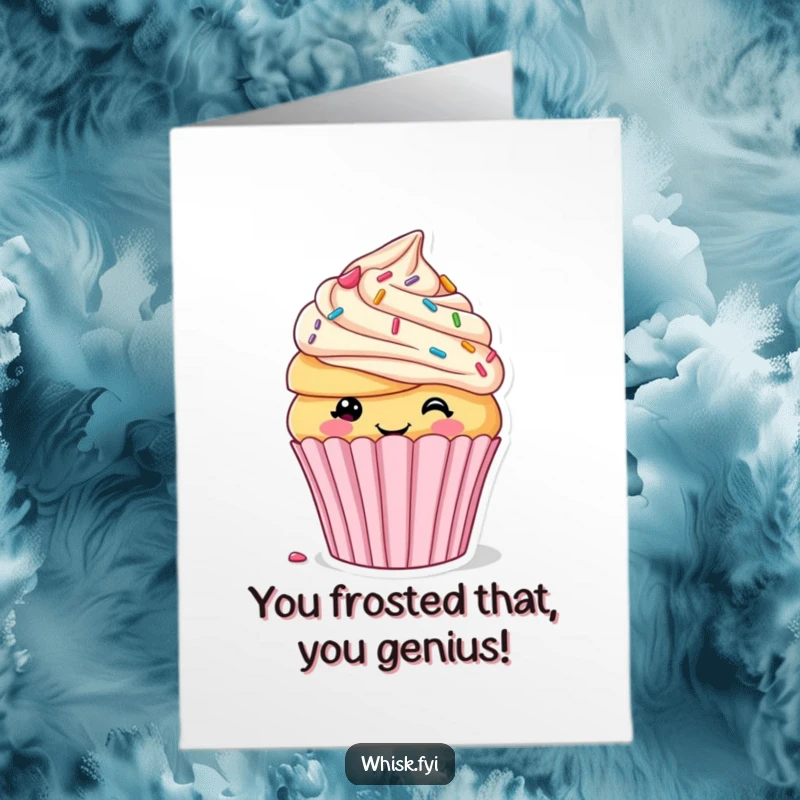 Funny Free Printable Congratulations Card: Smiling cupcake gleefully decorating itself with frosting and sprinkles, celebrating a sweet victory.