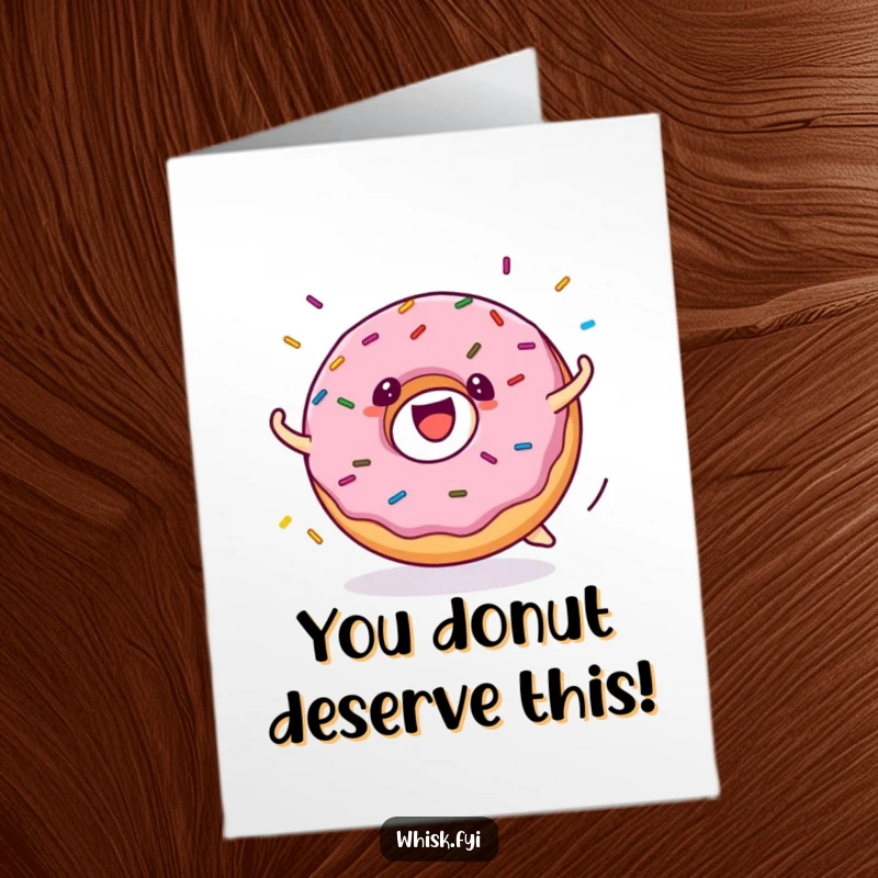 Funny Free Printable Donut Congratulations Card: a cheerful donut character joyfully rolling with sprinkles erupting around it.