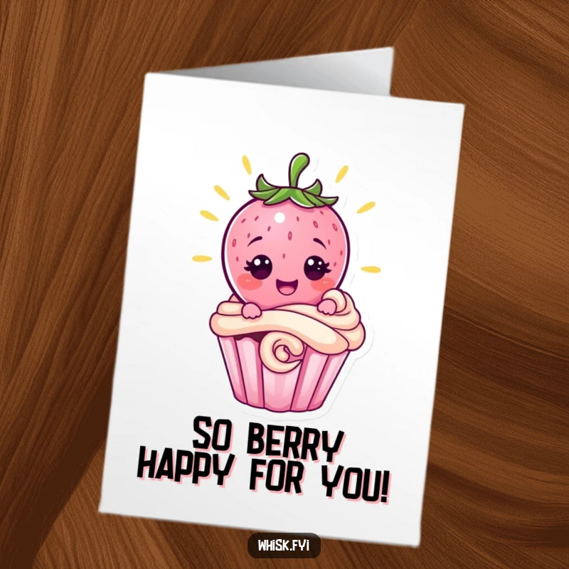 Funny Free Printable Congrats Card: Pink strawberry character proudly decorating a cupcake, perfect for celebrating achievements.