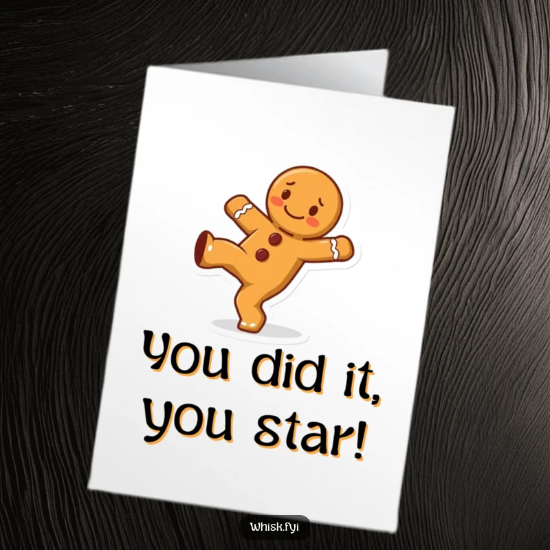Funny Free Printable cheerful gingerbread man doing a cartwheel for a congratulations card, energetic and humorous downloadable art.