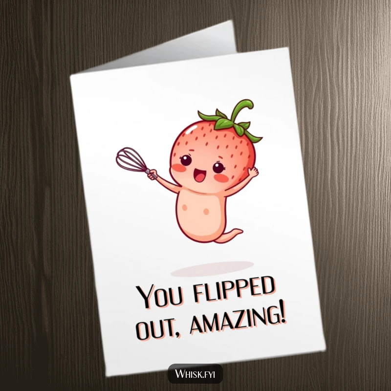 Free Printable Congratulations Card: A skilled kawaii strawberry executes a perfect cartwheel, whisk ready, celebrating your grand achievement.