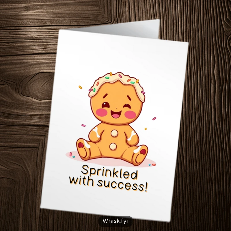 Funny Free Printable Congratulations Card: A joyous gingerbread character celebrating success by decorating with vibrant sprinkles.