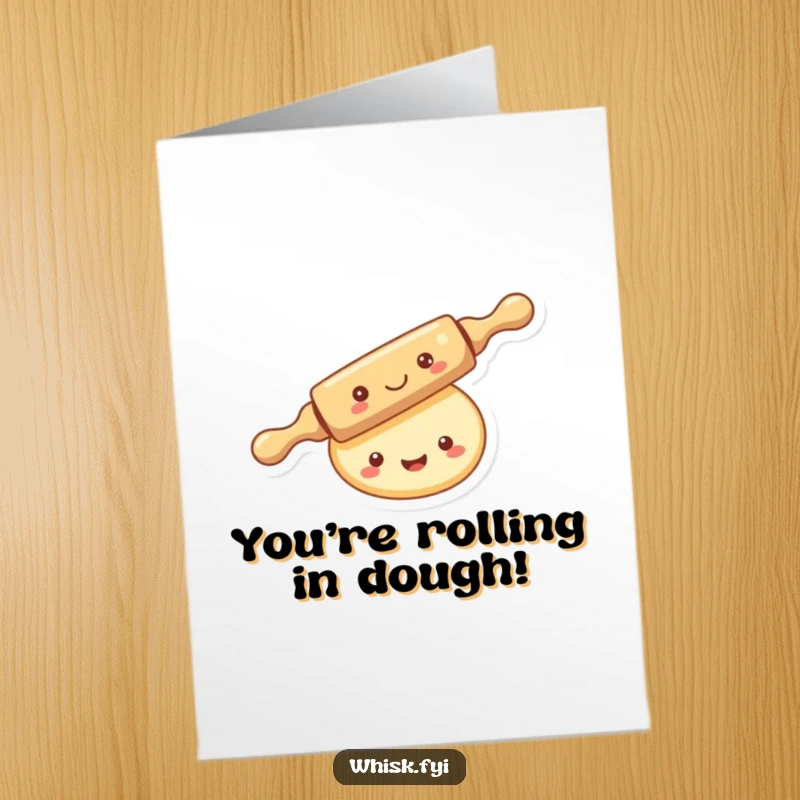 Funny Free Printable Congratulations Card: A kawaii rolling pin cheerfully rolls over a smiling piece of dough, symbolizing sweet achievements, available for download.