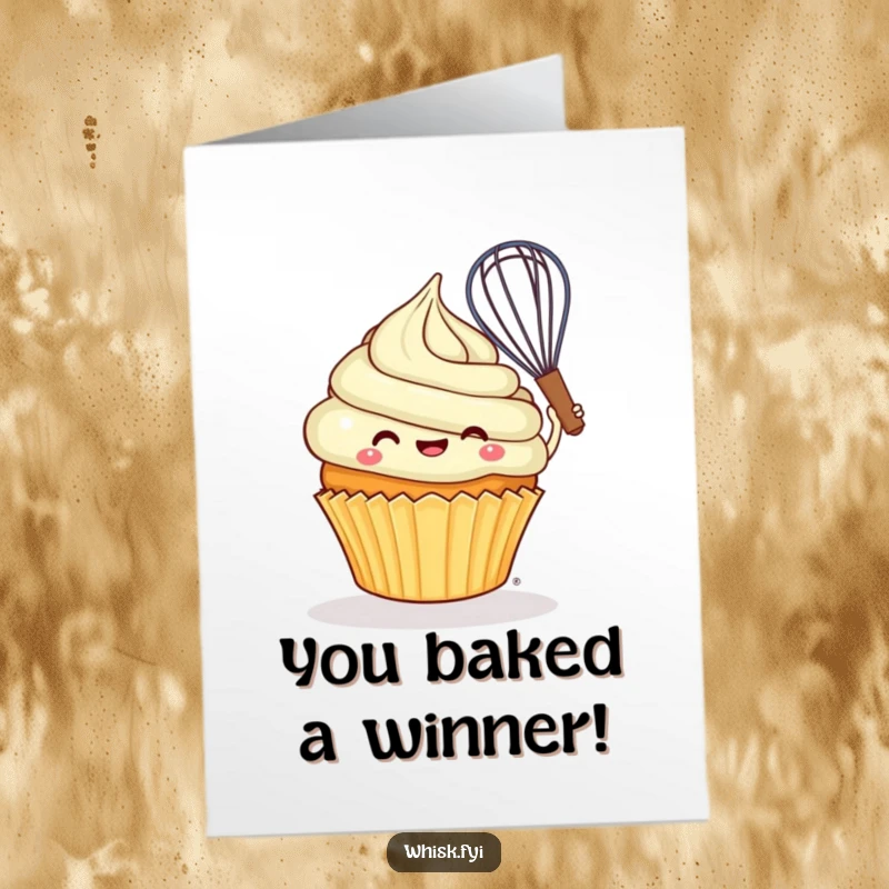 Funny free printable congratulations card: A cheerful cupcake joyfully mixes batter, celebrating a successful bake or endeavor.