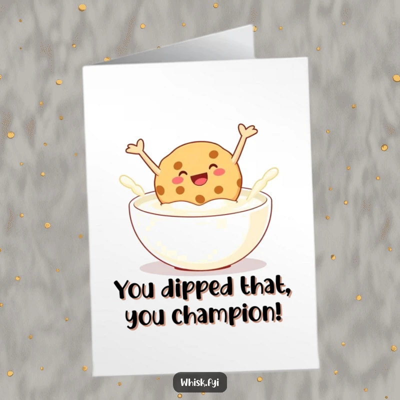 Funny Free Printable Congratulations Card: Giggling cookie gleefully jumping into milk, celebrating a happy, delightful moment.