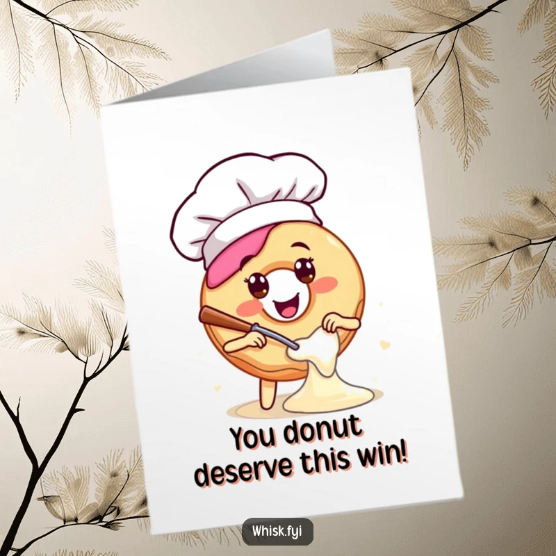 Funny Free Printable Congratulations Card: Happy donut chef hat on, enthusiastically mixing batter, celebrating a delicious success.