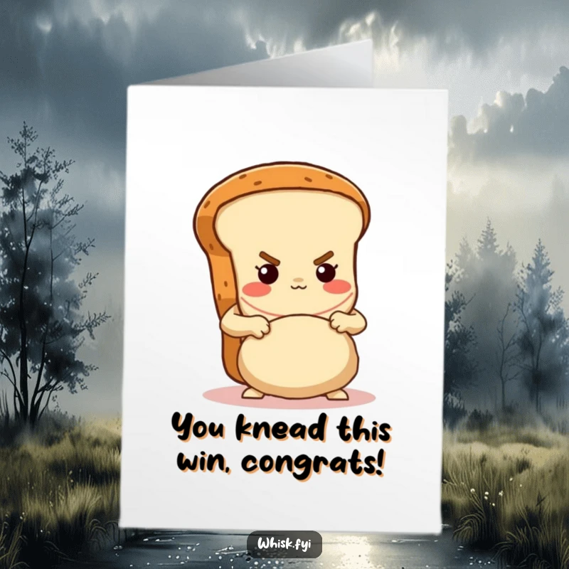 Funny Free Printable Congrats Card: Determined brown bread loaf character kneading dough with gusto, celebrating success.