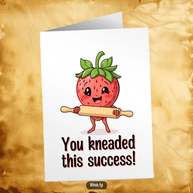 Funny Free Printable Congrats Card: A cheerful strawberry passionately holds a rolling pin, celebrating big wins.