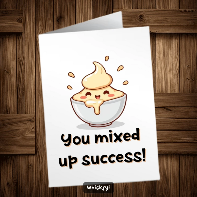 Funny free printable congratulations card of a charming, happy bowl of batter character spilling slightly with energetic, celebratory motion.
