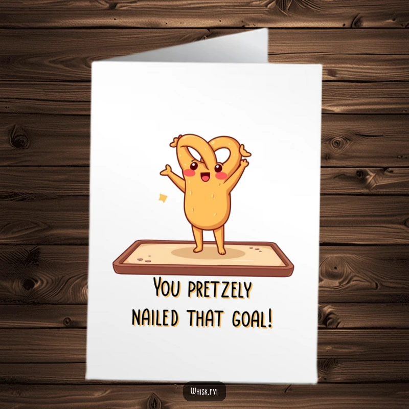 Funny Free Printable Congratulations Card: Cheerful pretzel performing a handstand on a baking sheet, marking a successful feat.