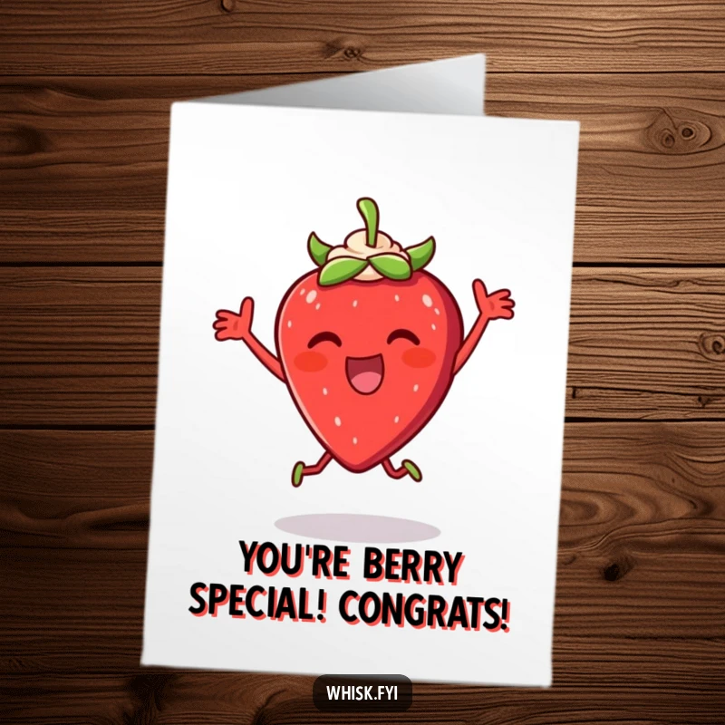 Funny Free Printable Congrats Card: A thrilled strawberry dancing with cream, celebrating a success. Sweet downloadable art.