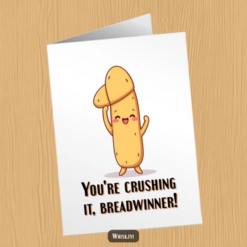Funny Free Printable Congrats Card: A proud baguette holding up a baked loaf, celebrating success. Hilarious downloadable art.