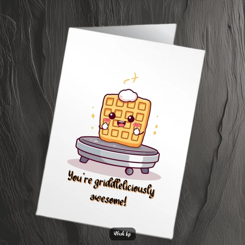 Funny free printable congratulations card with a determined waffle bravely facing a hot griddle, celebrating grit.