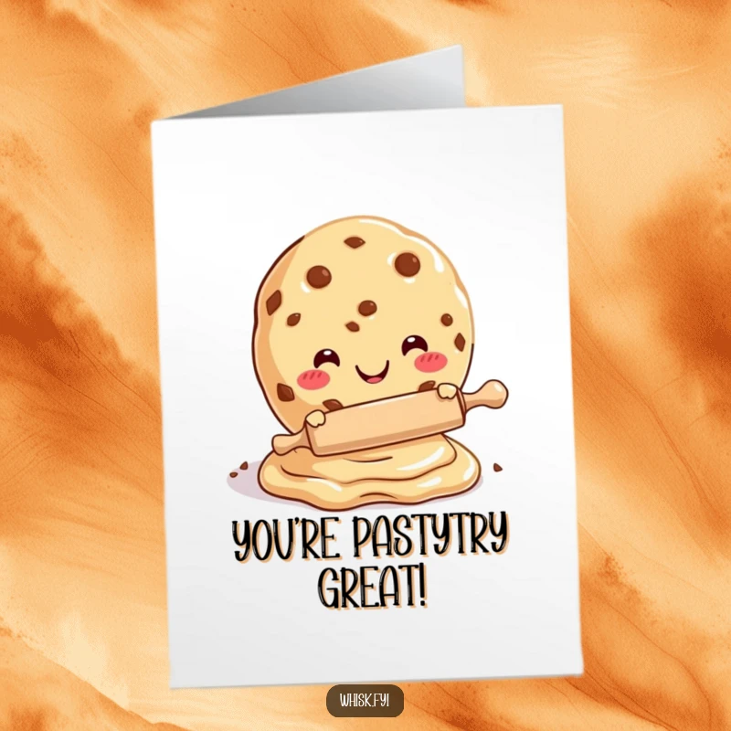 Funny Free Printable Congratulations Card showing a happy cookie rolling dough, celebrating success with a whisk of joy.