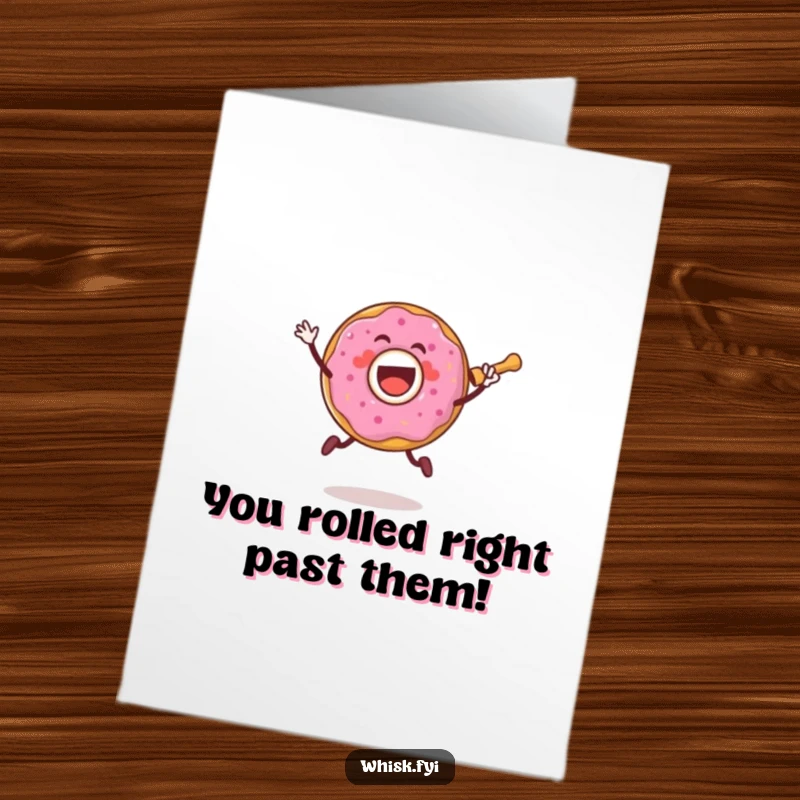 Funny Free Printable Congratulations Card: An excited donut character jumps high holding a rolling pin.