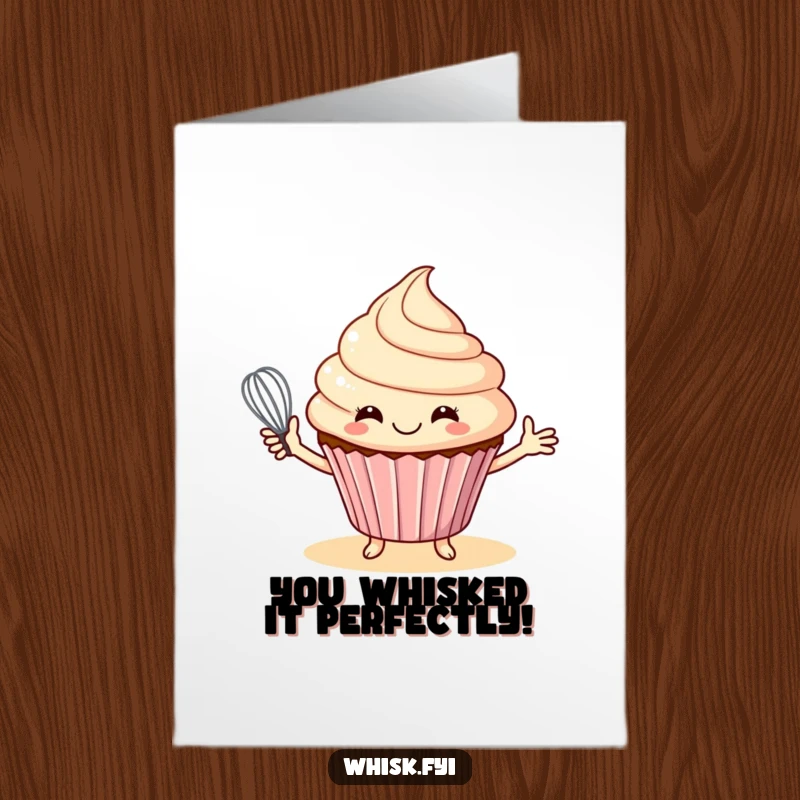 Funny Free Printable Congratulations Card: A cheerful cupcake offering a whisk, ready to help celebrate.