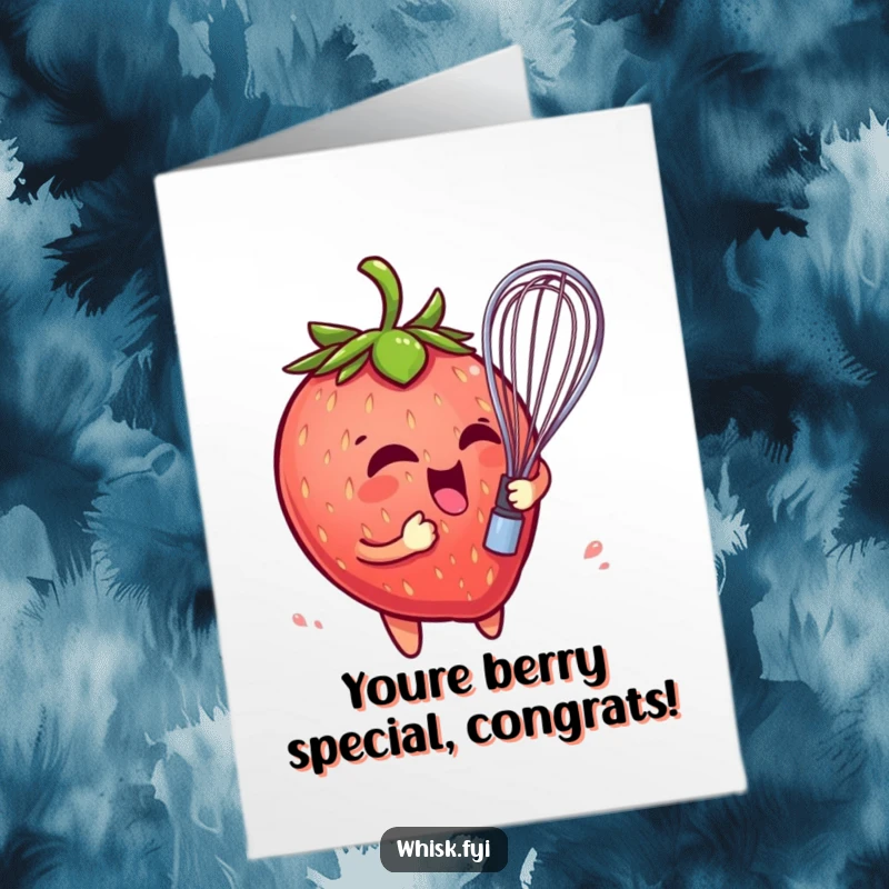 Funny Free Printable Congrats Card: Playful strawberry character comically entangled in a whisk, celebrating your sweet triumph with humor.
