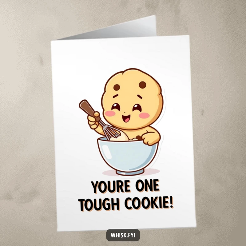 Funny Free Printable Congrats Card: Happy cookie character whisking batter, celebrating your sweet success with culinary cheer.