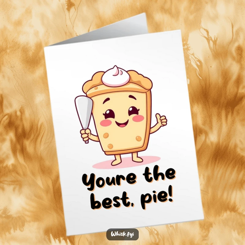 Funny Free Printable smiling slice of pie offering a piping bag for a congratulations card, sweet and humorous downloadable art.