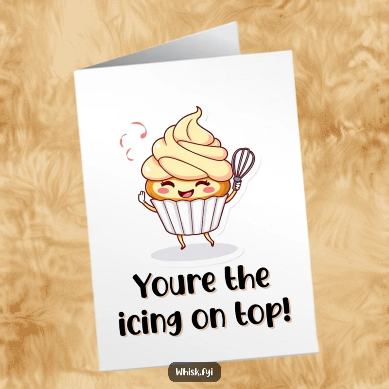 Funny Free Printable Congrats Card: Smiling cupcake character playfully twirling a whisk, celebrating your sweet success with style.