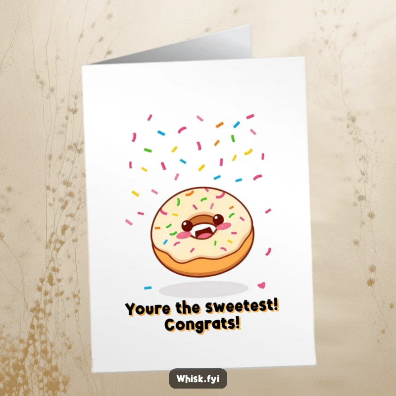 Funny Free Printable Congrats Card Kawaii donut joyfully scattering a rainbow of sprinkles, signifying a sweet success.