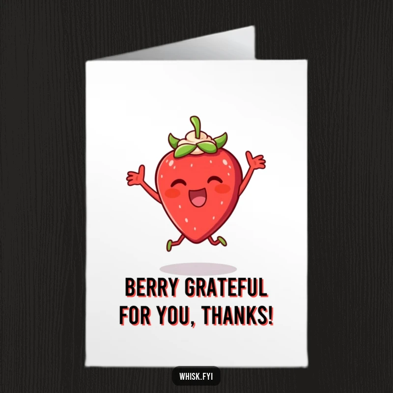 Funny Free Printable Thank You Card: A thrilled strawberry dancing with cream, expressing thanks. Cheerful downloadable art.