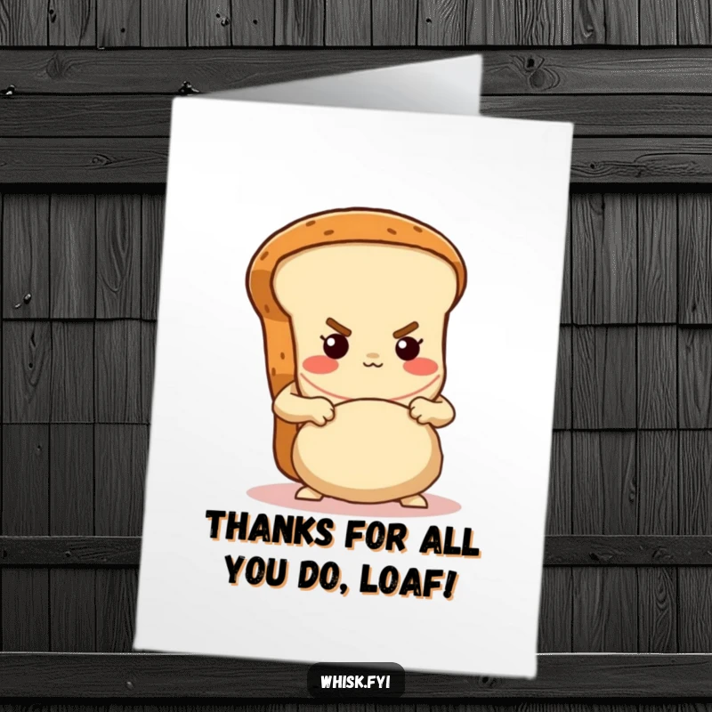 Funny Free Printable Thank You Card: Determined brown bread loaf character kneading dough with gusto, expressing thanks.