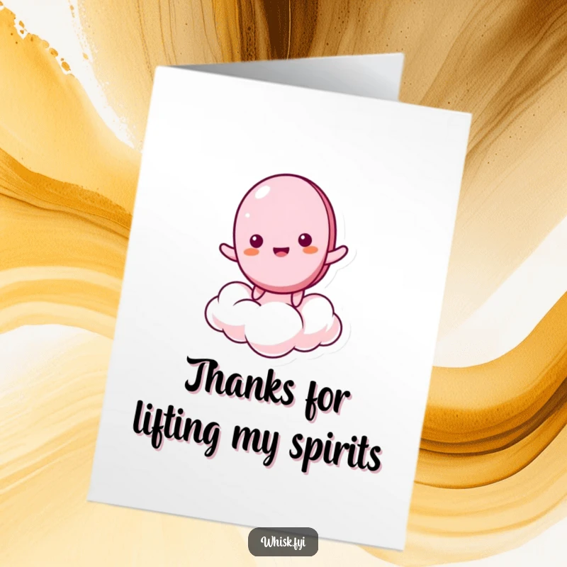 Funny Free Printable Thank You Card: A giddy macaron character happily bouncing on a meringue cloud, a delightful thank you.