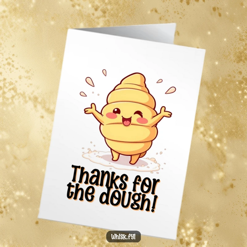 Funny Free Printable Thank You Card Kawaii croissant beaming while tossing flour, expressing thanks for help in the kitchen.