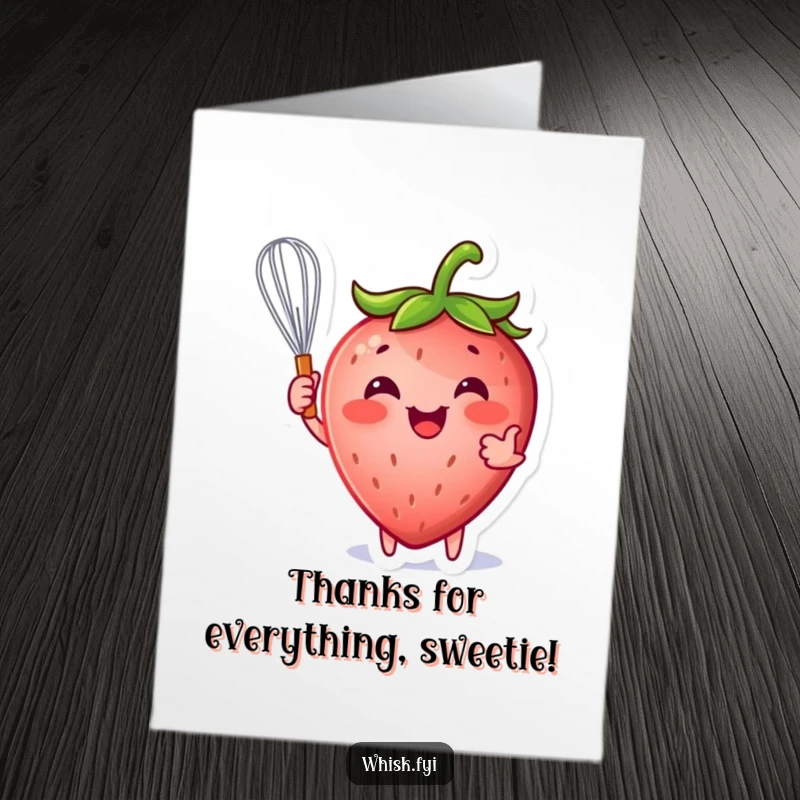 Funny Free Printable Thank You Card: A joyful strawberry character holds a whisk, ready to stir up thanks.