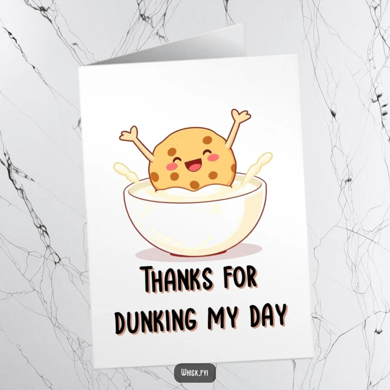 Funny Free Printable Thank You Card: Giggling cookie joyfully jumping into milk, offering thanks with a splash of delight.